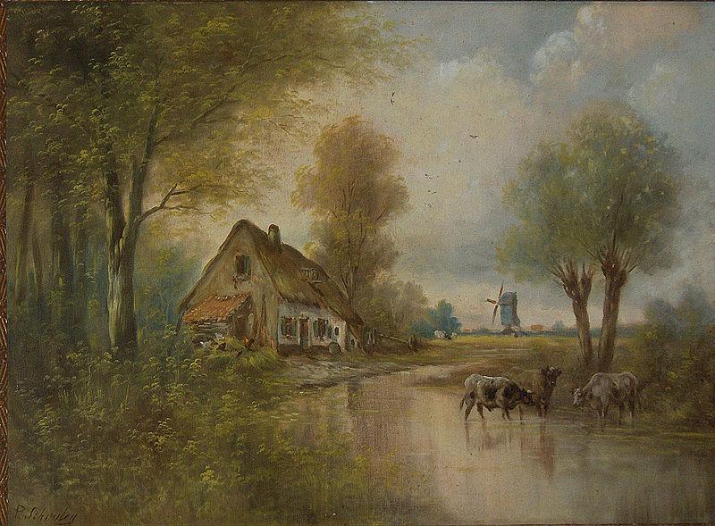 unknow artist Landscape with cows, small farm and windmill Norge oil painting art